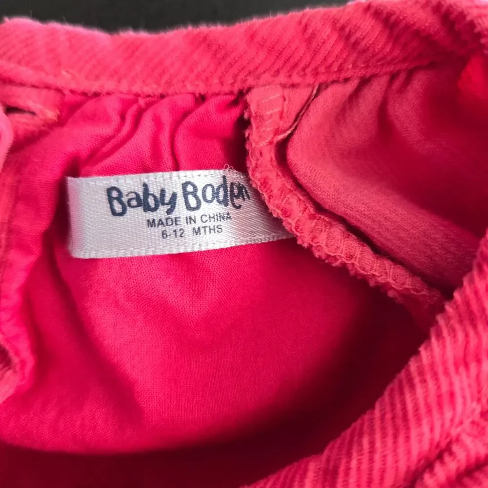 Baby Boden Girl Pink Corduroy Dress House Applique Long Sleeve 6-12 Months